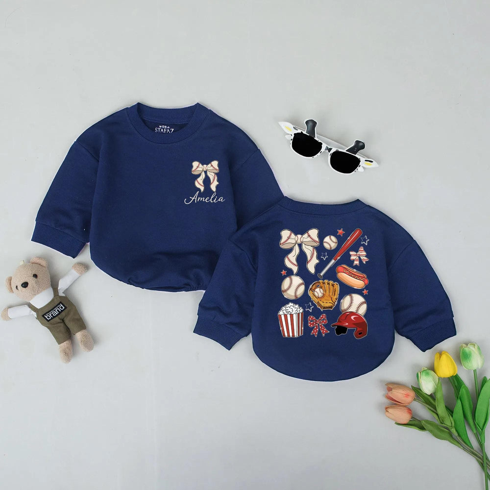 Personalized Baseball Bow Romper for Baby or Toddler, Retro Game Day Outfit with Custom Name, Soft Cotton Vintage-Inspired Sports Gift