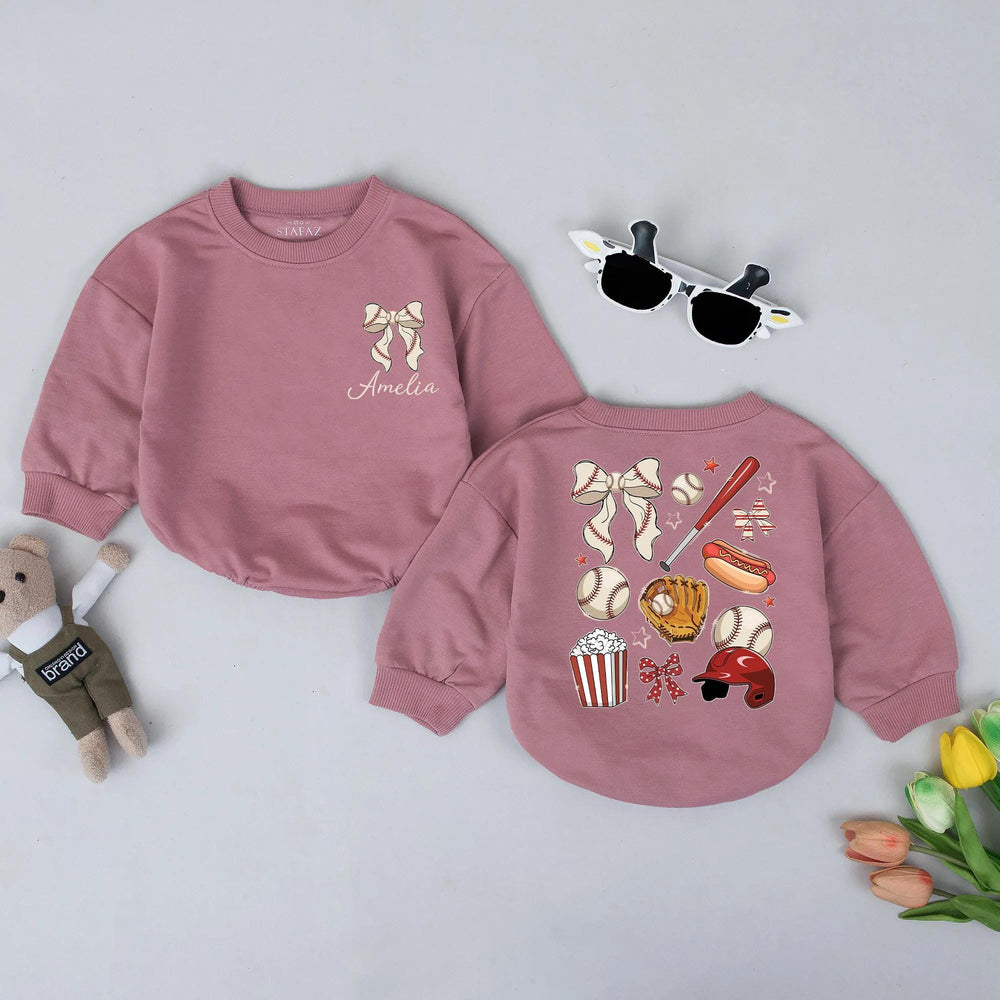 Personalized Baseball Bow Romper for Baby or Toddler, Retro Game Day Outfit with Custom Name, Soft Cotton Vintage-Inspired Sports Gift