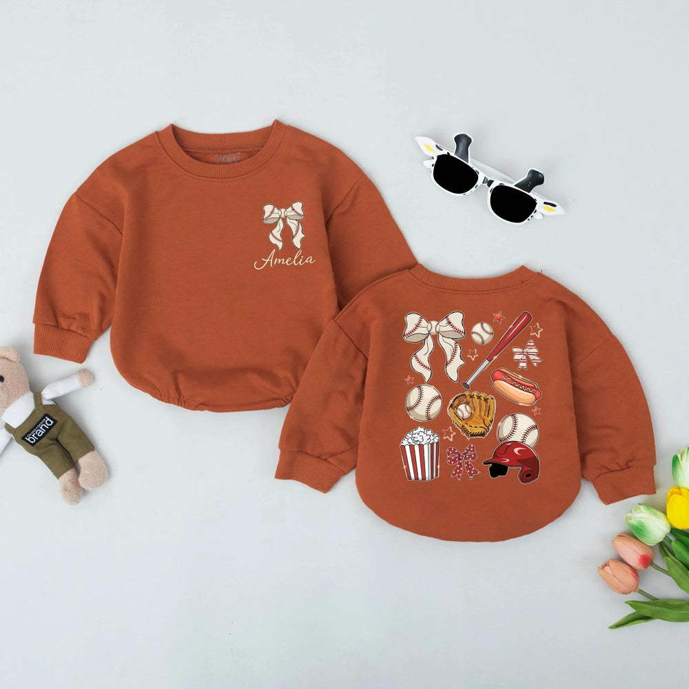 Personalized Baseball Bow Romper for Baby or Toddler, Retro Game Day Outfit with Custom Name, Soft Cotton Vintage-Inspired Sports Gift