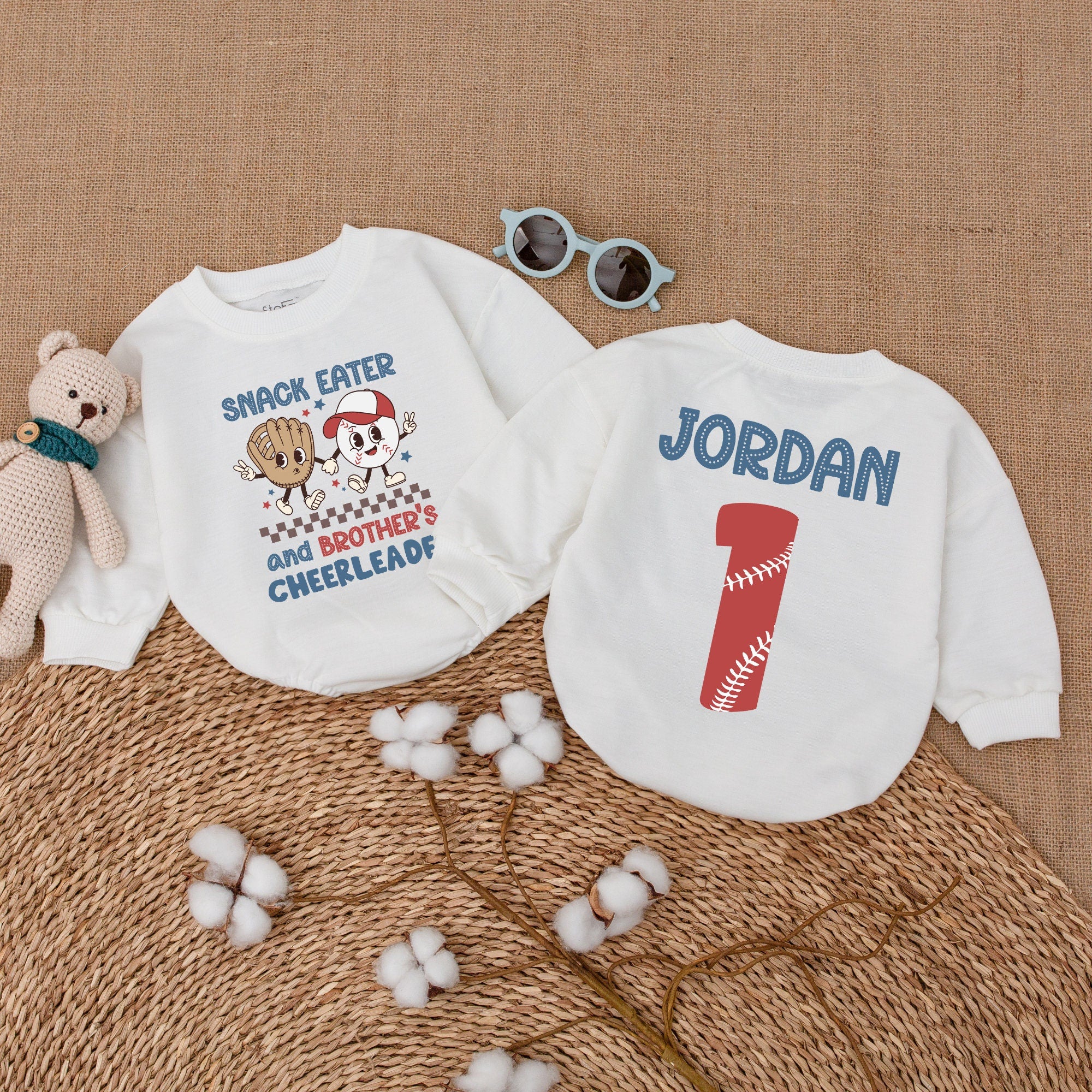 Personalized Baseball Cheerleader Romper for Baby Fun Cartoon Characters Snack Eater Design Soft Cotton Gift for Brother's Sister