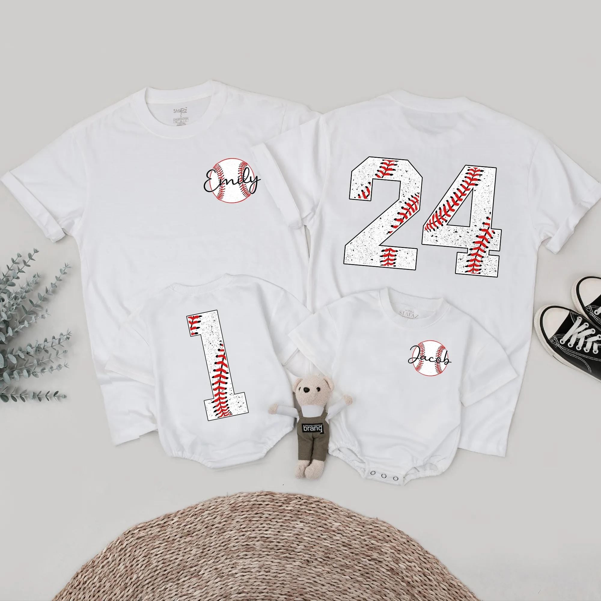 Personalized Baseball Family Shirts Custom Name and Age Sporty Red White Design for Birthday Party Matching Mom Dad Kids Gift