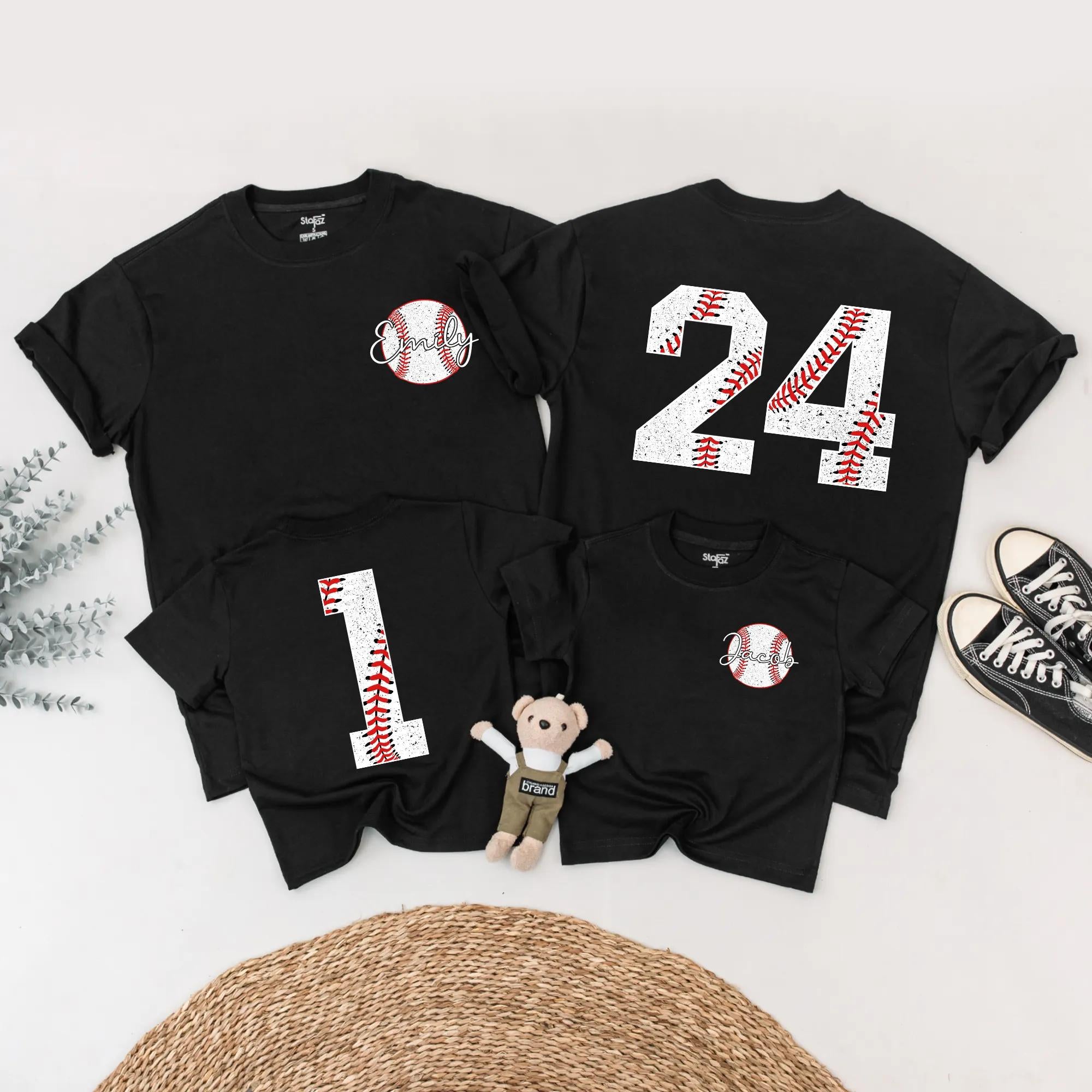 Personalized Baseball Family Shirts Custom Name and Age Sporty Red White Design for Birthday Party Matching Mom Dad Kids Gift
