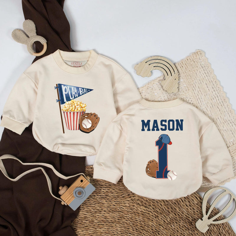 Personalized Baseball First Birthday Romper with Play Ball Design Soft Cotton Baby Outfit Navy Blue Sports Gift for Boys or Toddlers