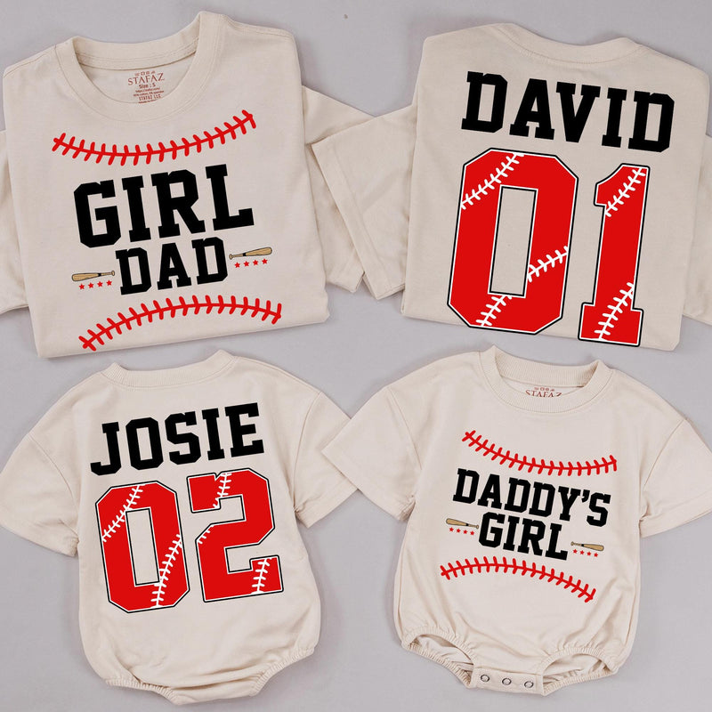 Personalized Baseball Matching Family Shirts with Bold Red Jersey Numbers, Soft Cotton Baby Rompers & Tees for Dad and Kids Gift Ideas