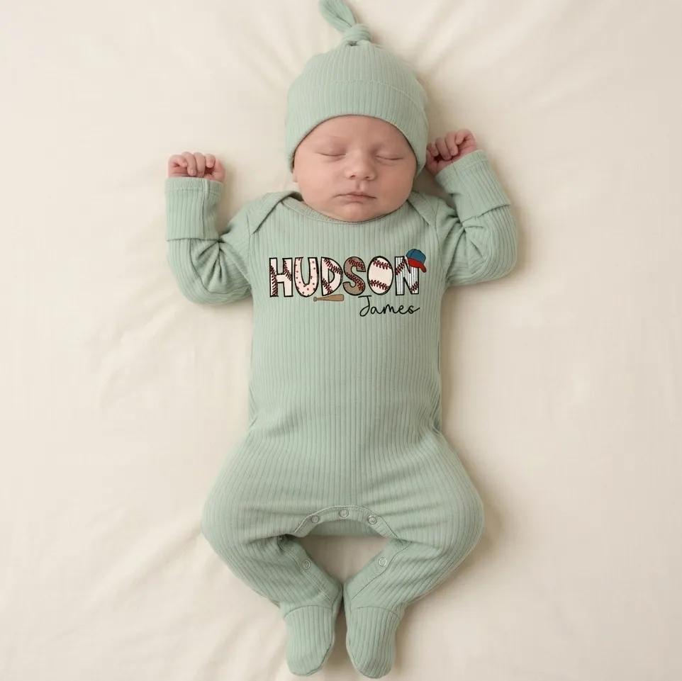 Personalized Baseball Newborn Bodysuit with Hudson James Design, Custom Baby Boy Outfit for Sports-Themed Coming Home or Shower Gift