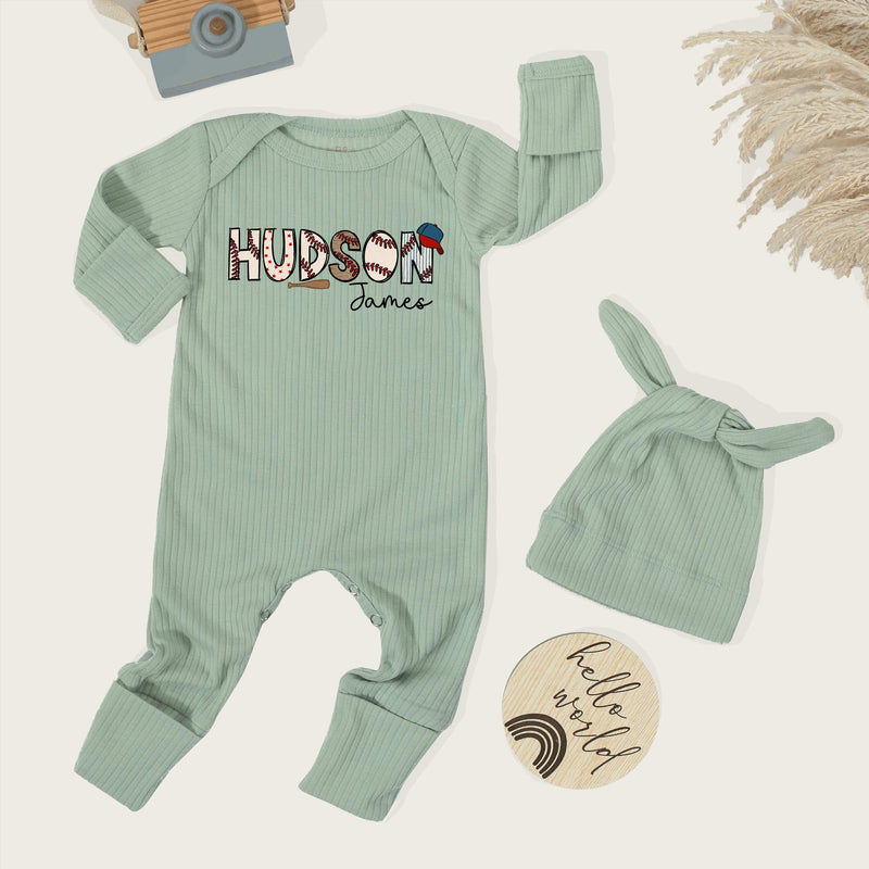 Personalized Baseball Newborn Bodysuit with Hudson James Design, Custom Baby Boy Outfit for Sports-Themed Coming Home or Shower Gift