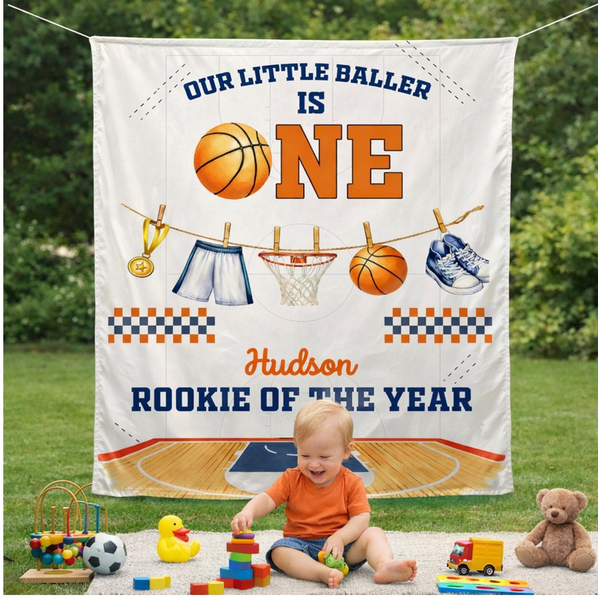 Personalized Basketball 1st Birthday Banner for Boys, Our Little Baller Is One Party Backdrop with Custom Name Rookie of the Year Theme