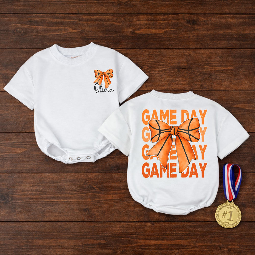 Personalized Basketball Baby Girl Bubble Romper with Bow Custom Name Game Day Outfit Cute Sports Theme Soft Comfortable Cotton Gift