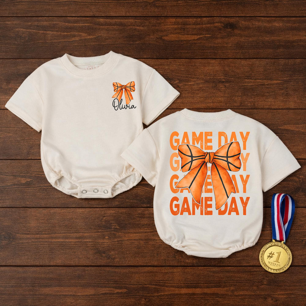Personalized Basketball Baby Girl Bubble Romper with Bow Custom Name Game Day Outfit Cute Sports Theme Soft Comfortable Cotton Gift