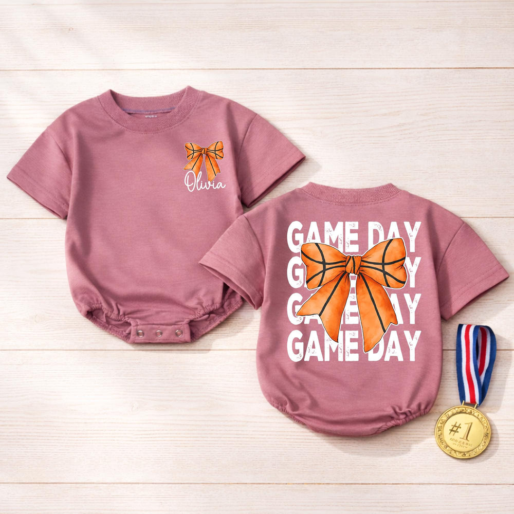 Personalized Basketball Baby Girl Bubble Romper with Bow Custom Name Game Day Outfit Cute Sports Theme Soft Comfortable Cotton Gift