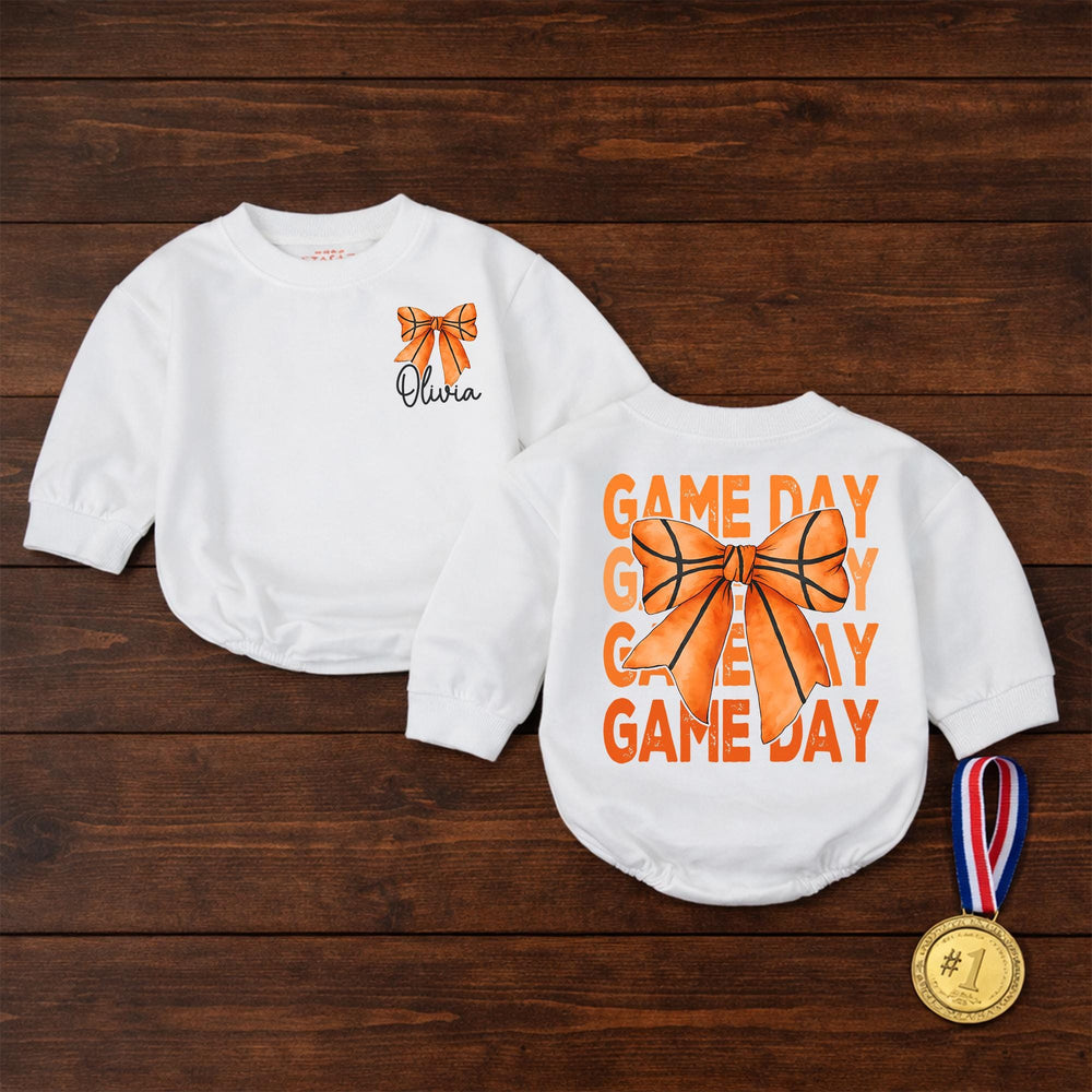 Personalized Basketball Baby Girl Bubble Romper with Bow Custom Name Game Day Outfit Cute Sports Theme Soft Comfortable Cotton Gift