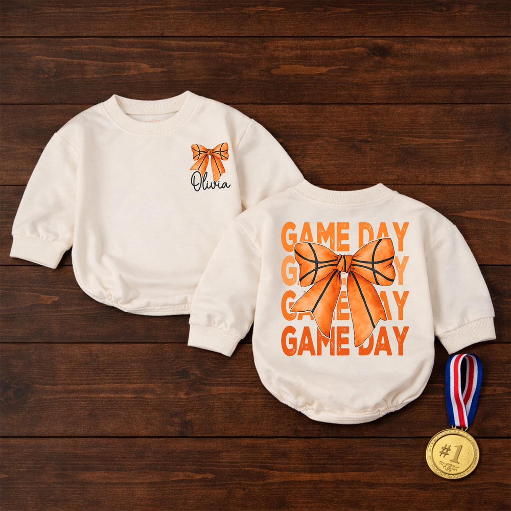 Personalized Basketball Baby Girl Bubble Romper with Bow Custom Name Game Day Outfit Cute Sports Theme Soft Comfortable Cotton Gift