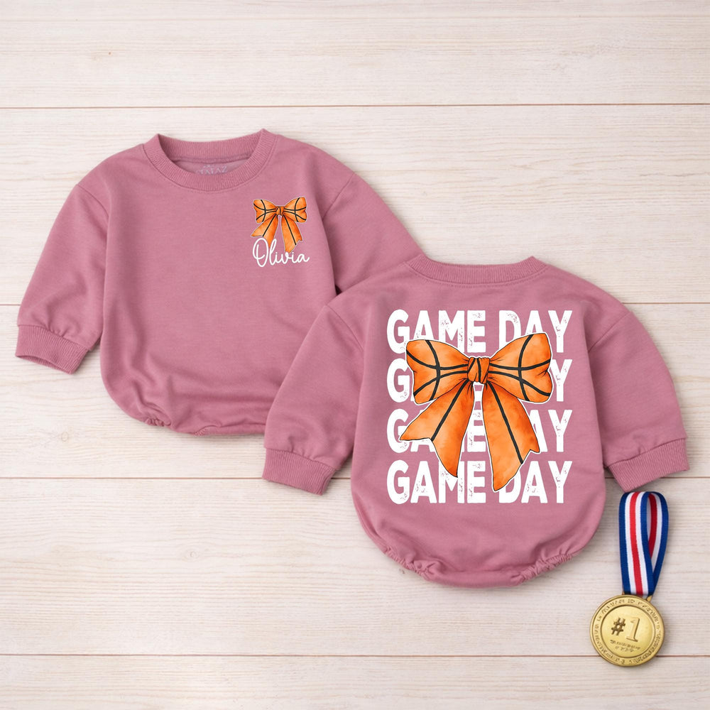 Personalized Basketball Baby Girl Bubble Romper with Bow Custom Name Game Day Outfit Cute Sports Theme Soft Comfortable Cotton Gift