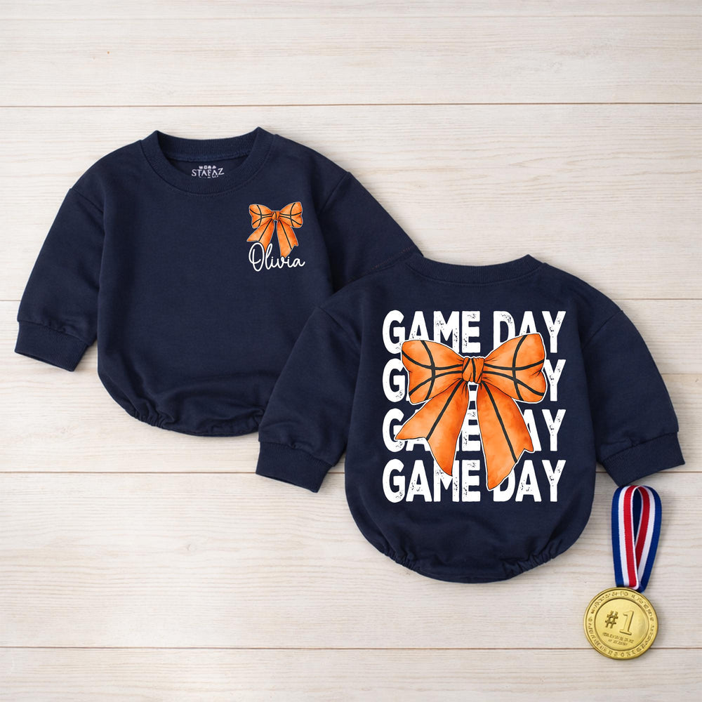 Personalized Basketball Baby Girl Bubble Romper with Bow Custom Name Game Day Outfit Cute Sports Theme Soft Comfortable Cotton Gift