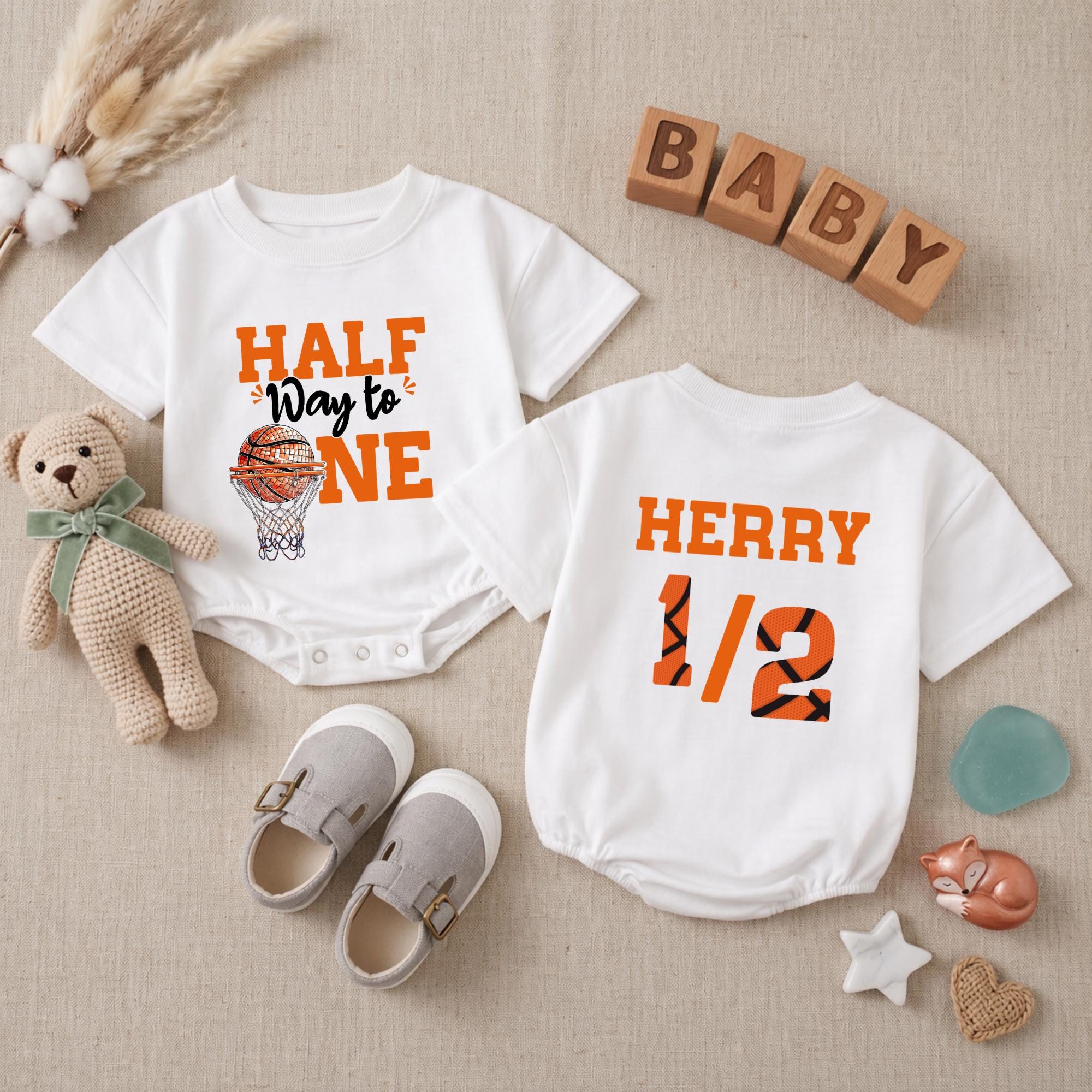 Personalized Basketball Half Birthday Baby Romper with Custom Name 6 Month Milestone Outfit for Boys Vibrant Orange and Black Gift