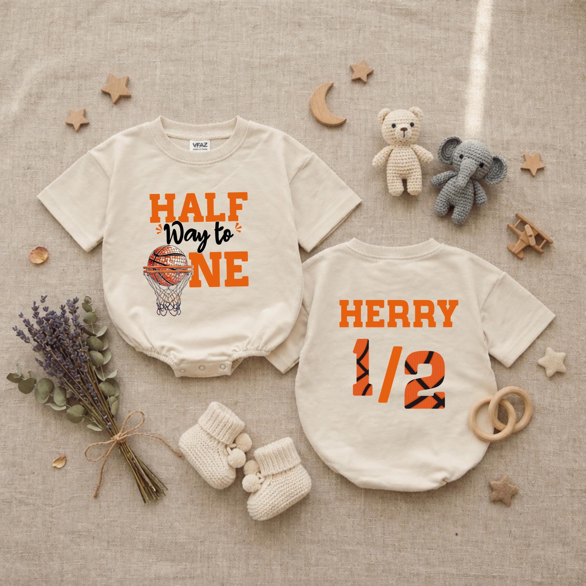 Personalized Basketball Half Birthday Baby Romper with Custom Name 6 Month Milestone Outfit for Boys Vibrant Orange and Black Gift
