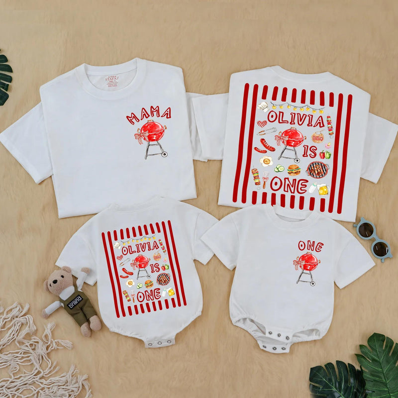 Personalized BBQ Birthday Matching Family Shirts with Red Grill Artwork, Custom Text for Baby's 1st Birthday Celebration Outfit