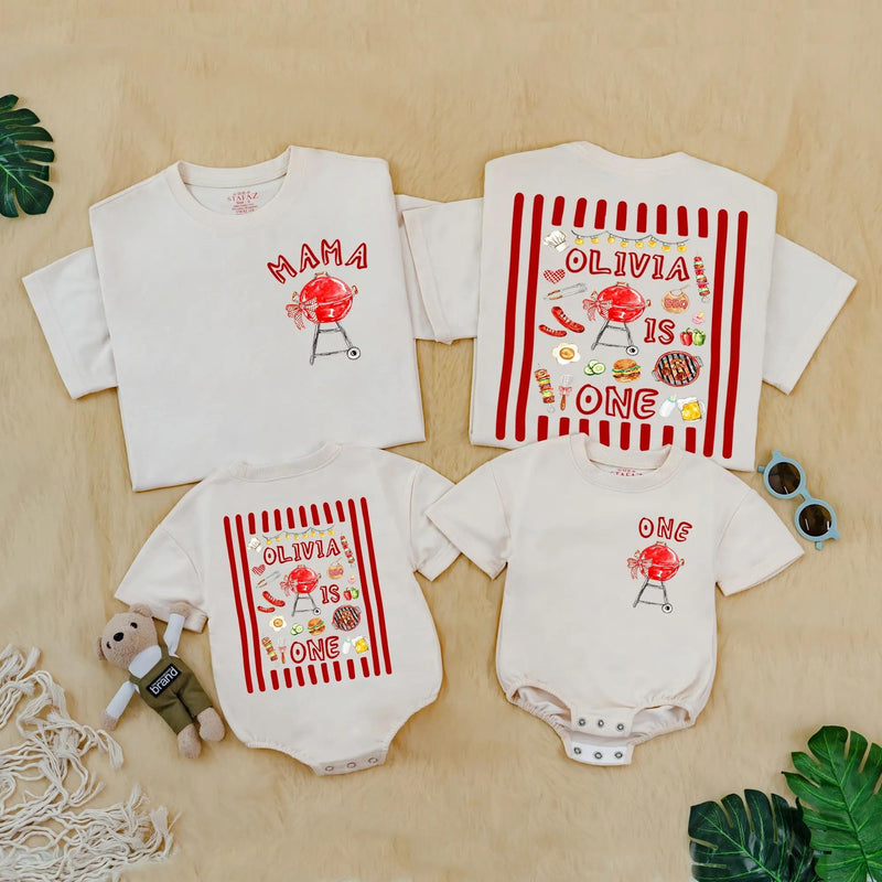 Personalized BBQ Birthday Matching Family Shirts with Red Grill Artwork, Custom Text for Baby's 1st Birthday Celebration Outfit