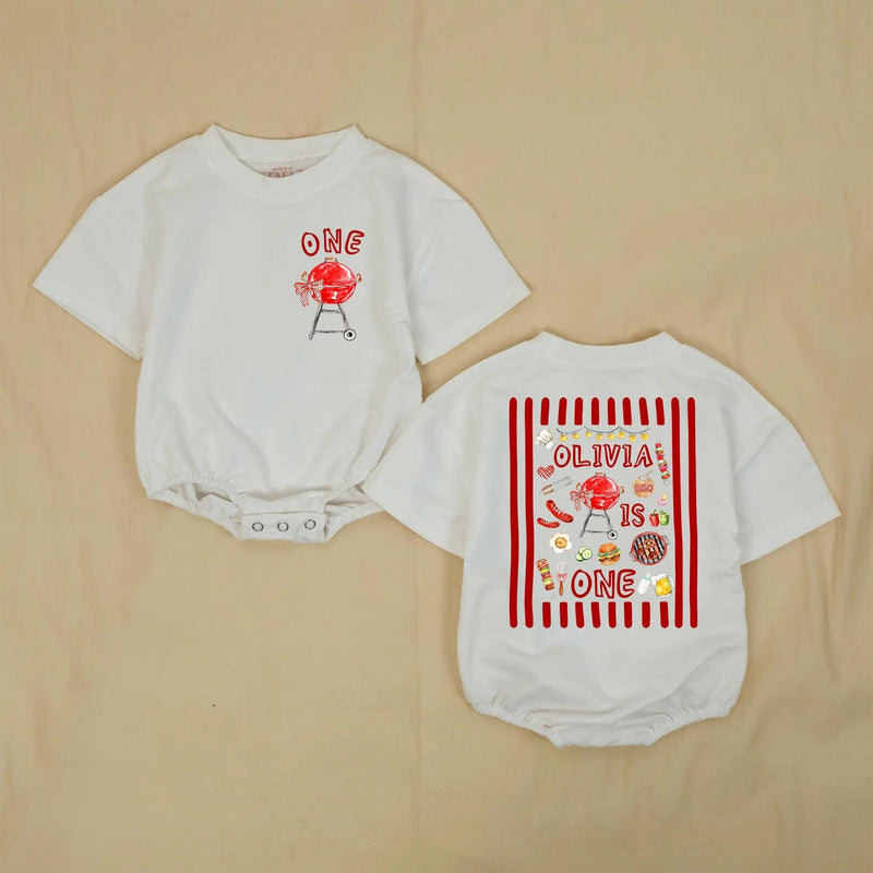 Personalized BBQ Birthday Matching Family Shirts with Red Grill Artwork, Custom Text for Baby's 1st Birthday Celebration Outfit