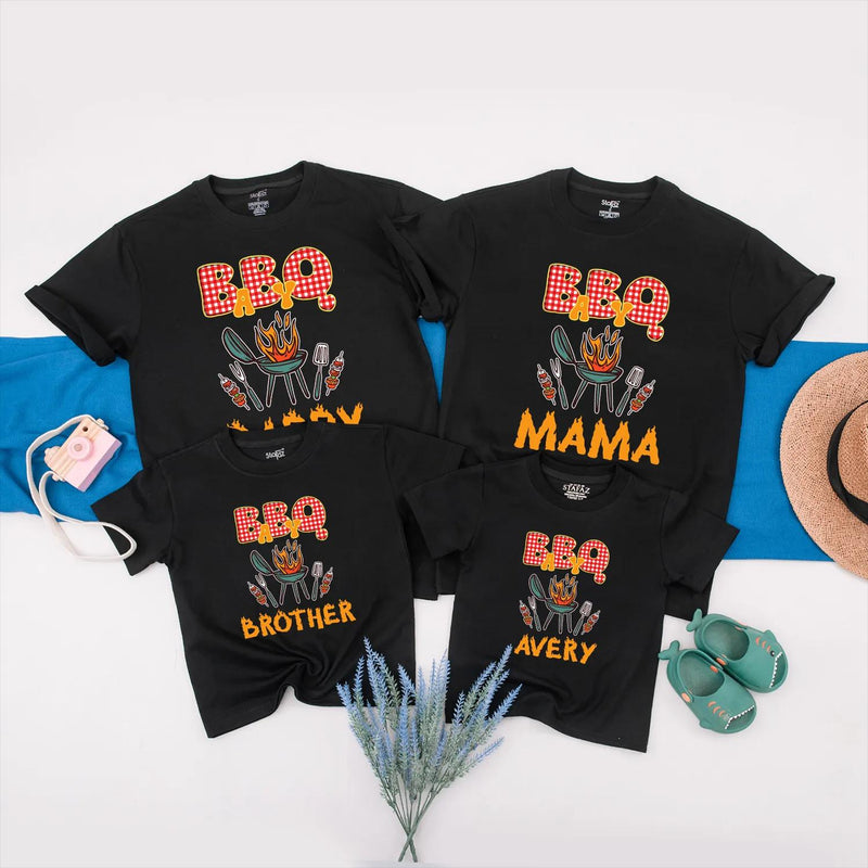 Personalized BBQ Family Shirt with Gingham Text and Grill Graphic Custom Cookout Tee for Matching Outfits Fun Barbecue Party Gift
