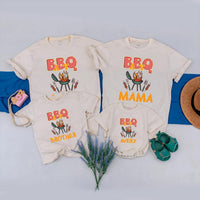 Personalized BBQ Family Shirt with Gingham Text and Grill Graphic Custom Cookout Tee for Matching Outfits Fun Barbecue Party Gift