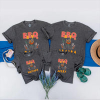 Personalized BBQ Family Shirt with Gingham Text and Grill Graphic Custom Cookout Tee for Matching Outfits Fun Barbecue Party Gift