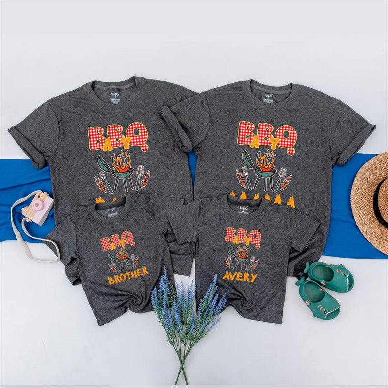 Personalized BBQ Family Shirt with Gingham Text and Grill Graphic Custom Cookout Tee for Matching Outfits Fun Barbecue Party Gift