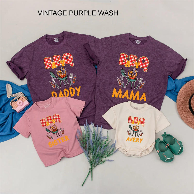 Personalized BBQ Family Shirt with Gingham Text and Grill Graphic Custom Cookout Tee for Matching Outfits Fun Barbecue Party Gift