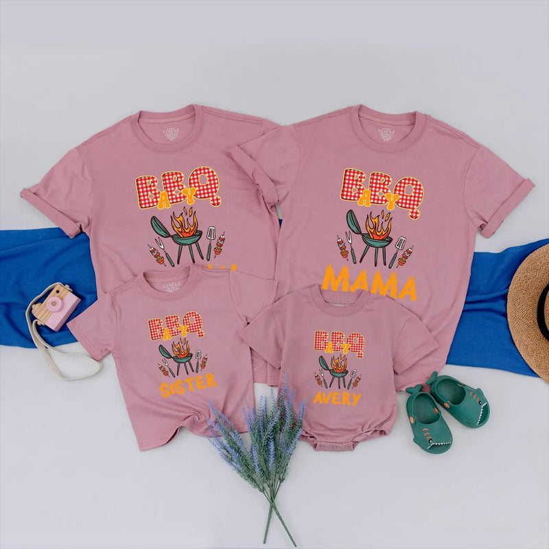 Personalized BBQ Family Shirt with Gingham Text and Grill Graphic Custom Cookout Tee for Matching Outfits Fun Barbecue Party Gift