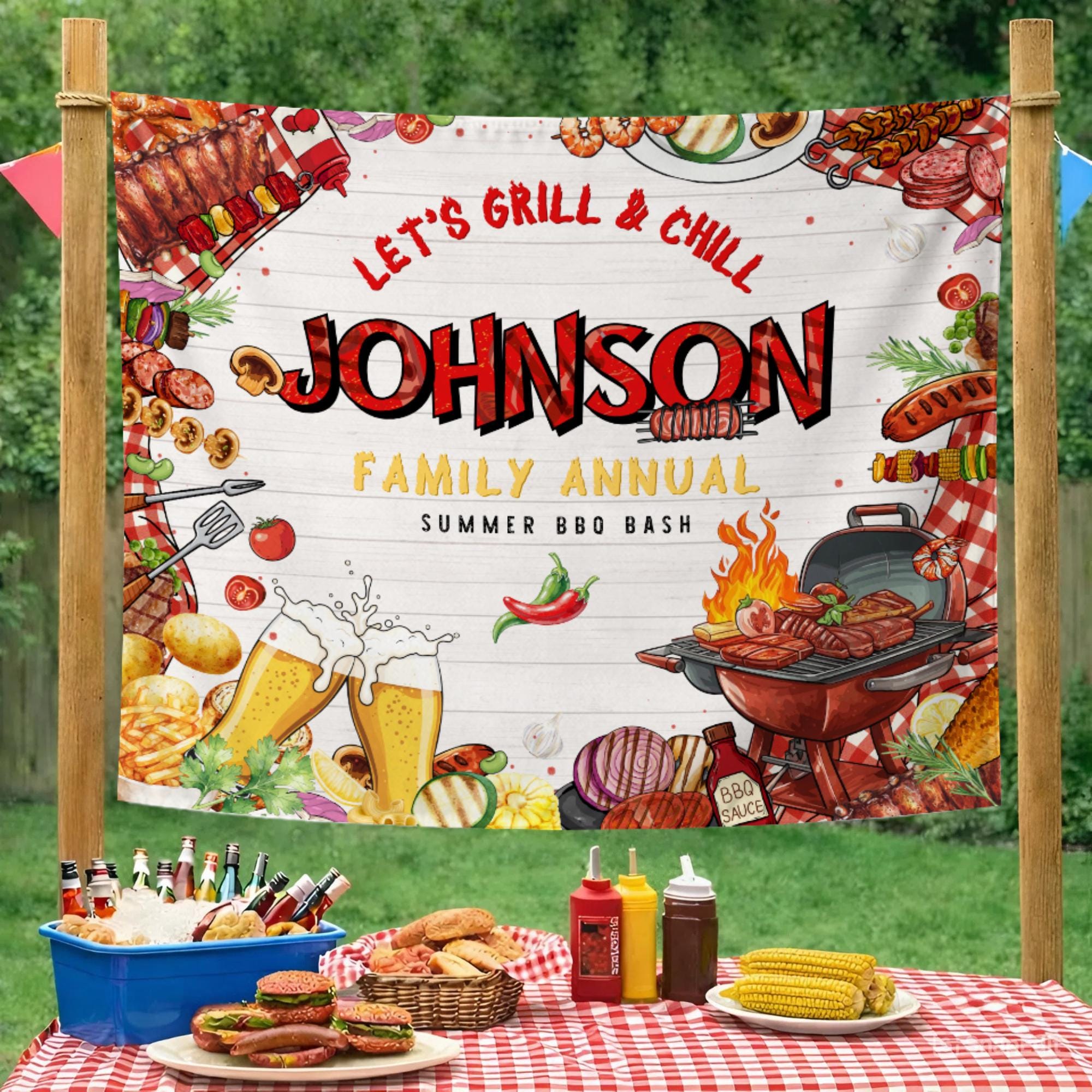 Personalized BBQ Party Banner Let's Grill & Chill Custom Summer Outdoor Decor White Wood Background for Family Gatherings or Celebrations