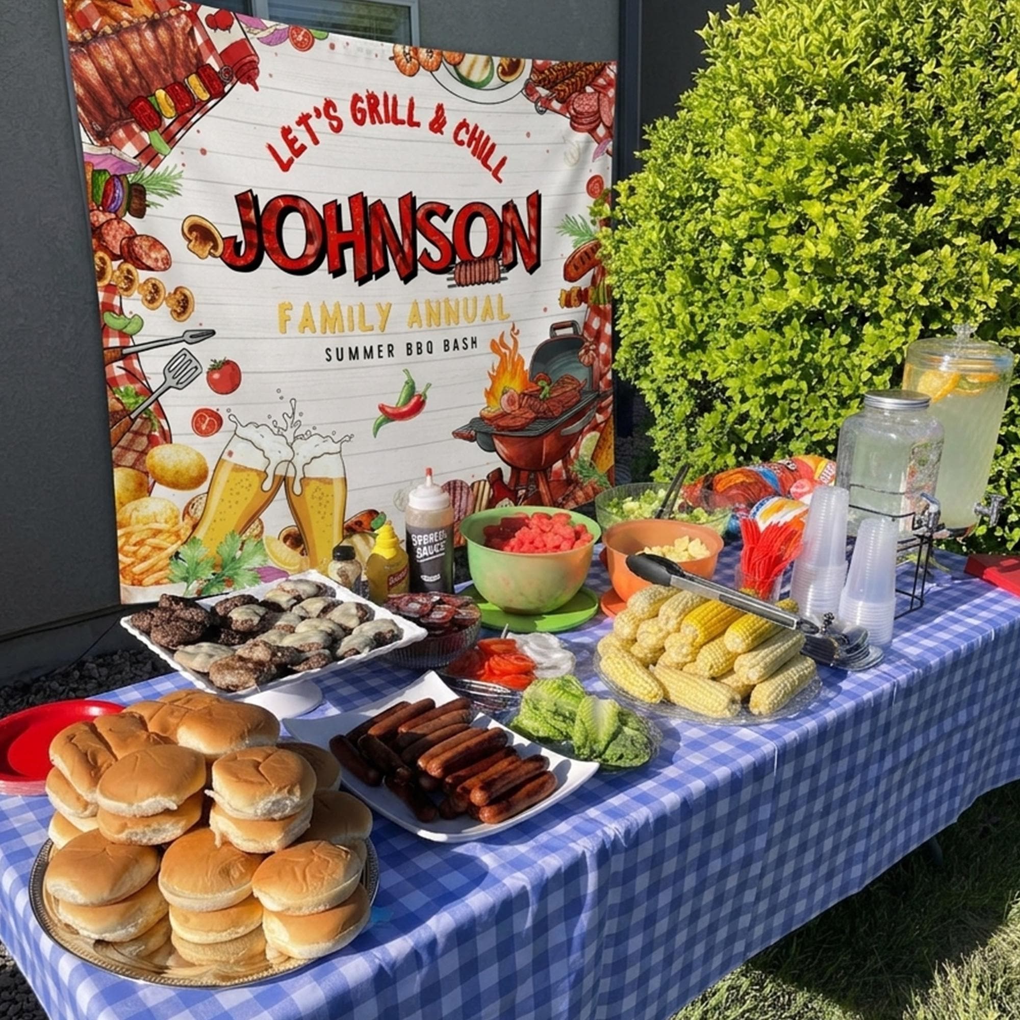 Personalized BBQ Party Banner Let's Grill & Chill Custom Summer Outdoor Decor White Wood Background for Family Gatherings or Celebrations