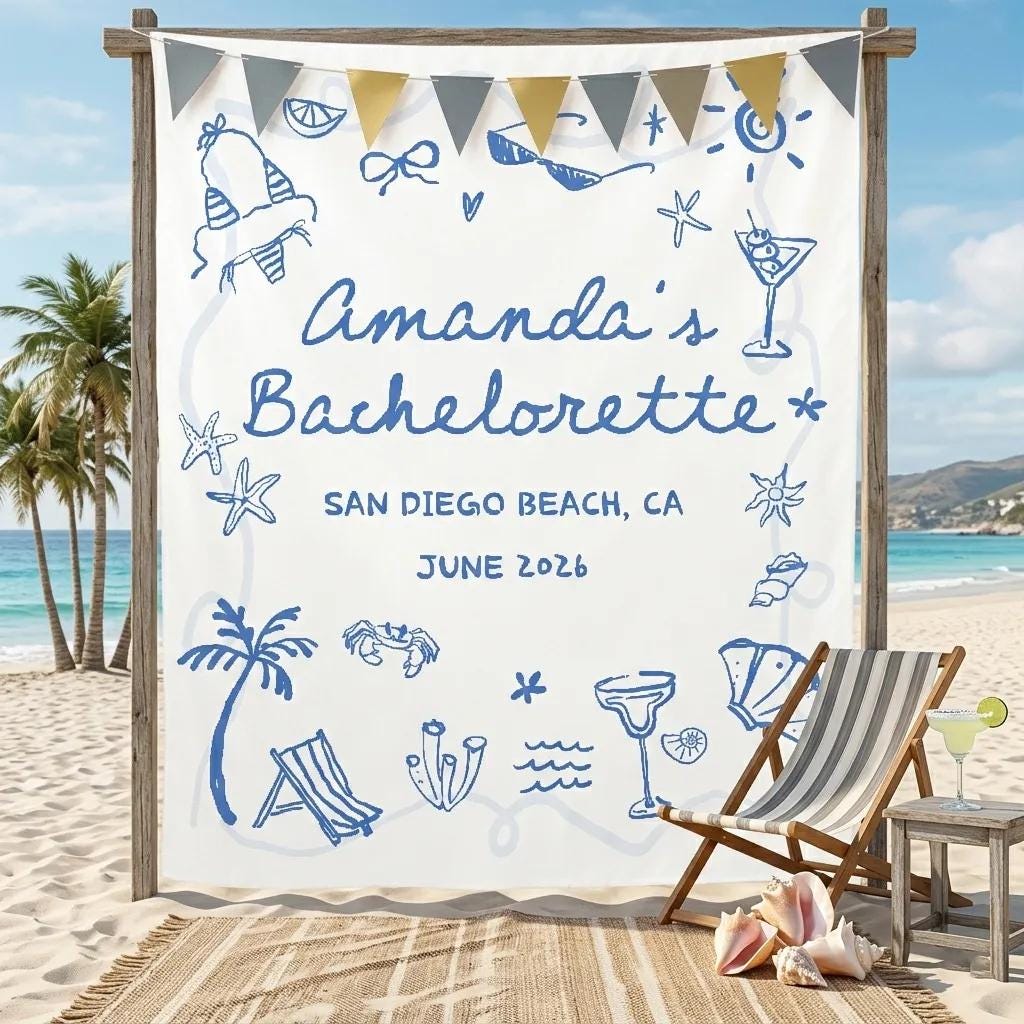 Personalized Beach Bachelorette Banner with Coastal Design Amanda's San Diego Party Decor June 2026 Bridal Weekend Welcome Sign