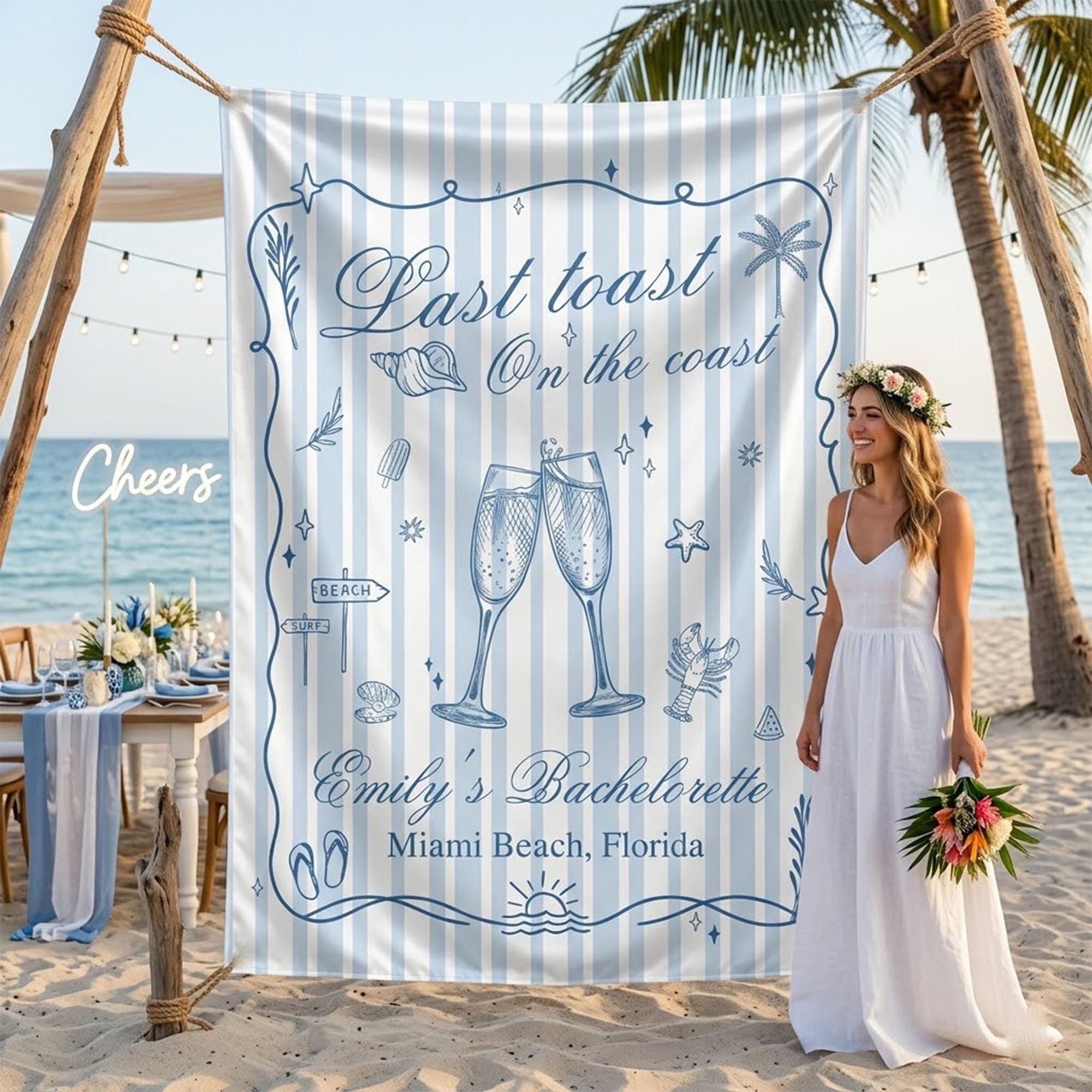 Personalized Beach Bachelorette Banner with Coastal Theme, Last Toast on the Coast Party Backdrop, Custom Beach Party Sign Decor