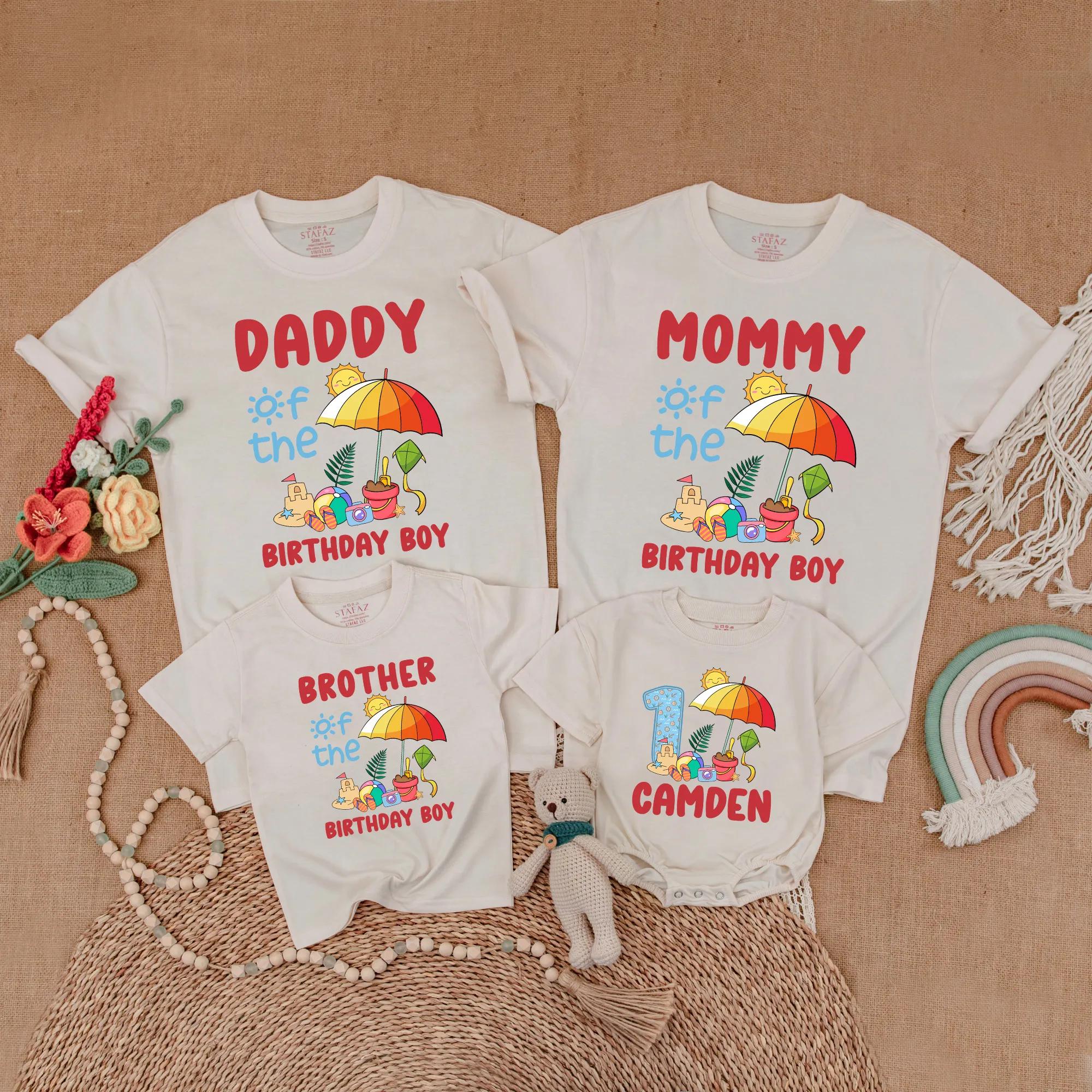Personalized Beach Birthday Family Shirts Vibrant Summer Party Outfit Boy Romper Gift Custom Name First Celebration Beach Theme
