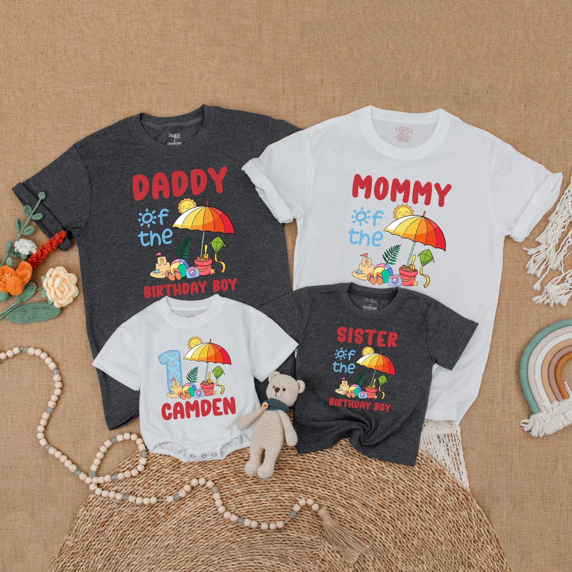 Personalized Beach Birthday Family Shirts Vibrant Summer Party Outfit Boy Romper Gift Custom Name First Celebration Beach Theme