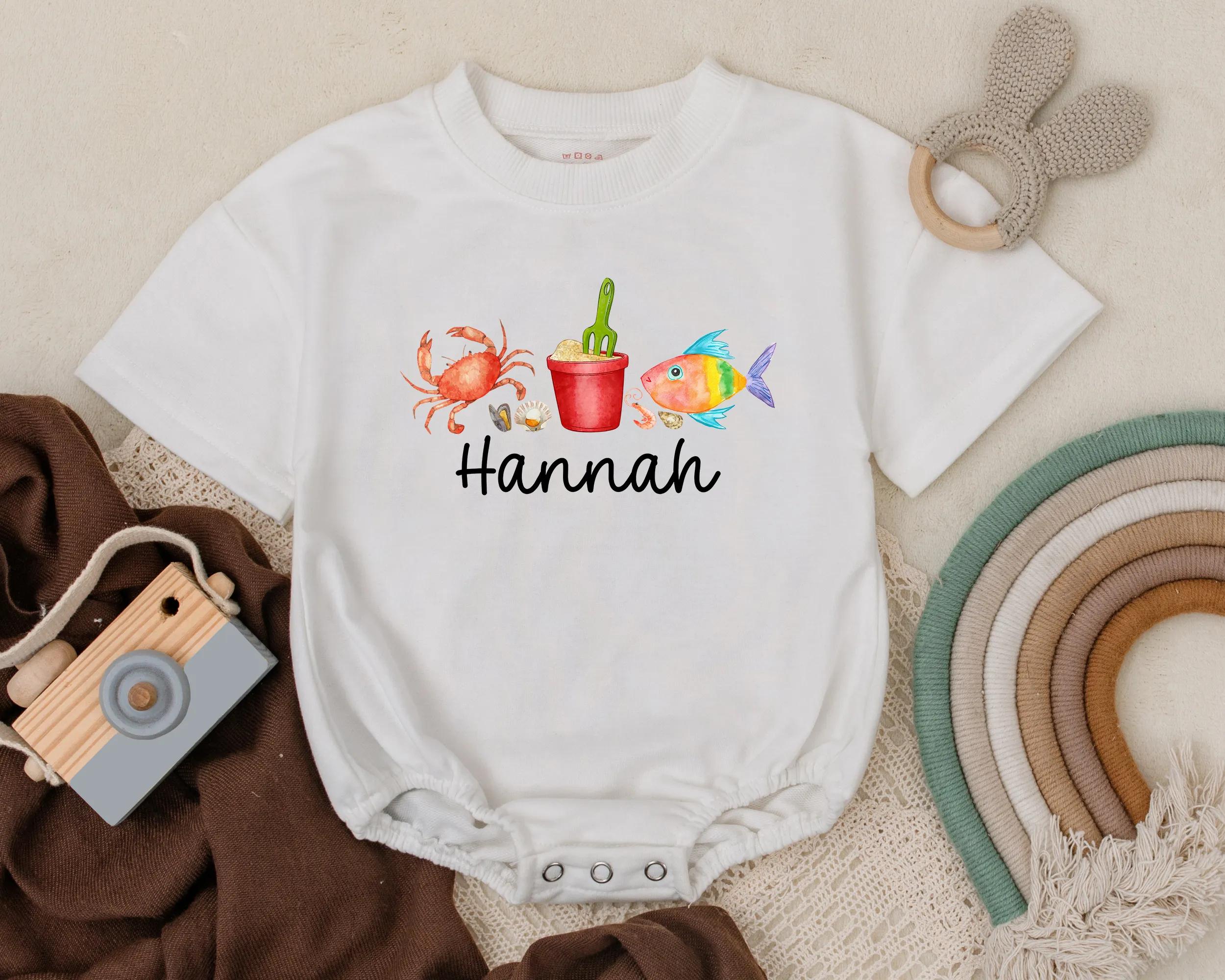 Personalized Beach Bubble Romper with Crab and Fish Design for Baby Girl Custom Summer Outfit Vacation Baby Gift in Soft Cotton