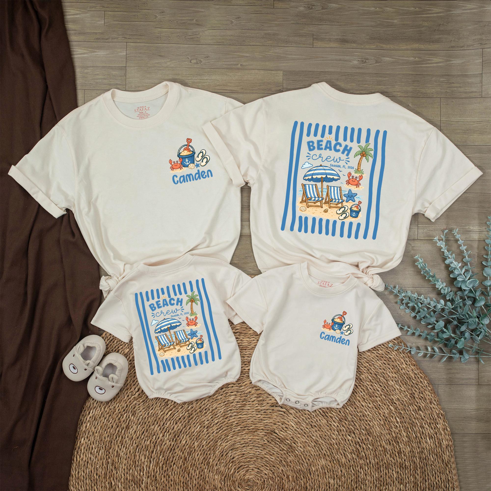 Personalized Beach Crew Bubble Romper Custom Name Summer Outfit for Baby Toddler with Cartoon Beach Scene Family Trip Vacation Gift