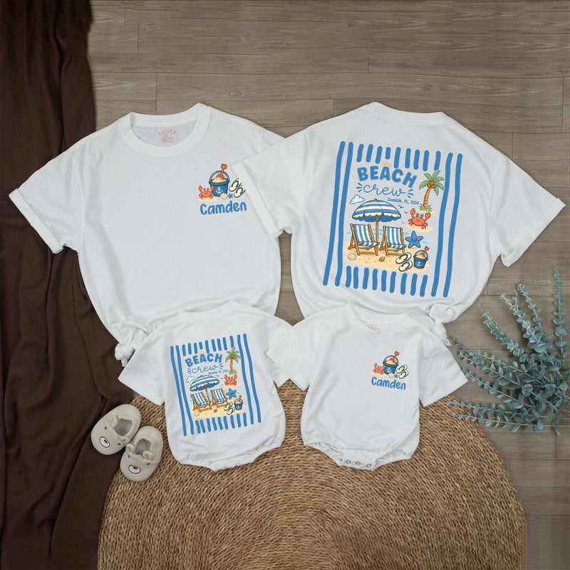 Custom Beach Crew Romper for Kids, Personalized Summer Outfit with Name, Seaside Graphic, Soft Cotton, Perfect for Family Trips