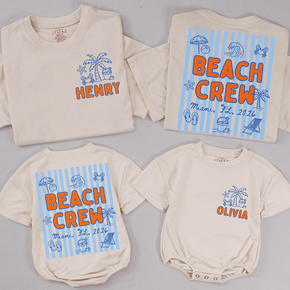 Personalized Beach Crew T-Shirt and Baby Romper with Miami 2026 Design, Custom Family Vacation Outfits, Light Blue Stripes and Palm Art