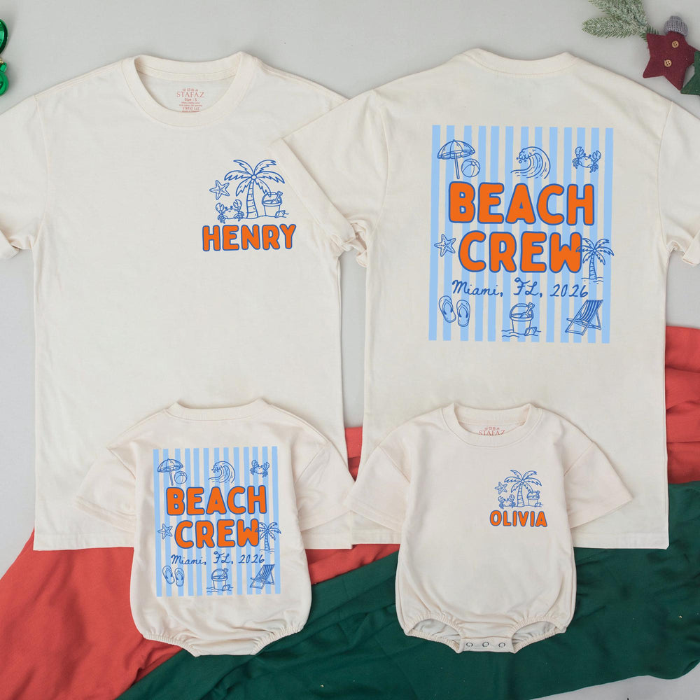 Personalized Beach Crew T-Shirt and Baby Romper with Miami 2026 Design, Custom Family Vacation Outfits, Light Blue Stripes and Palm Art