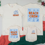 Personalized Beach Crew T-Shirt and Baby Romper with Miami 2026 Design, Custom Family Vacation Outfits, Light Blue Stripes and Palm Art