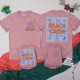 Personalized Beach Crew T-Shirt and Baby Romper with Miami 2026 Design, Custom Family Vacation Outfits, Light Blue Stripes and Palm Art