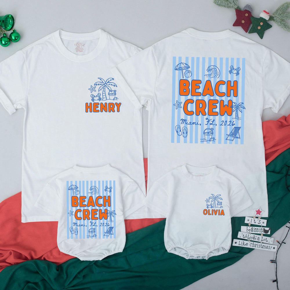 Personalized Beach Crew T-Shirt and Baby Romper with Miami 2026 Design, Custom Family Vacation Outfits, Light Blue Stripes and Palm Art