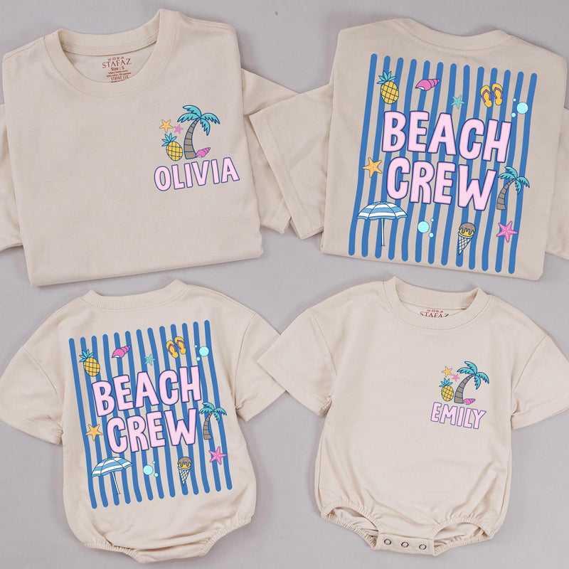 Personalized Beach Crew T-Shirt and Baby Romper with Summer Graphics, Custom Vacation Family Matching Outfits in Tropical Colors