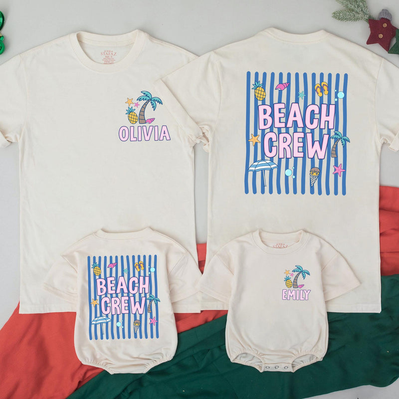 Personalized Beach Crew T-Shirt and Baby Romper with Summer Graphics, Custom Vacation Family Matching Outfits in Tropical Colors