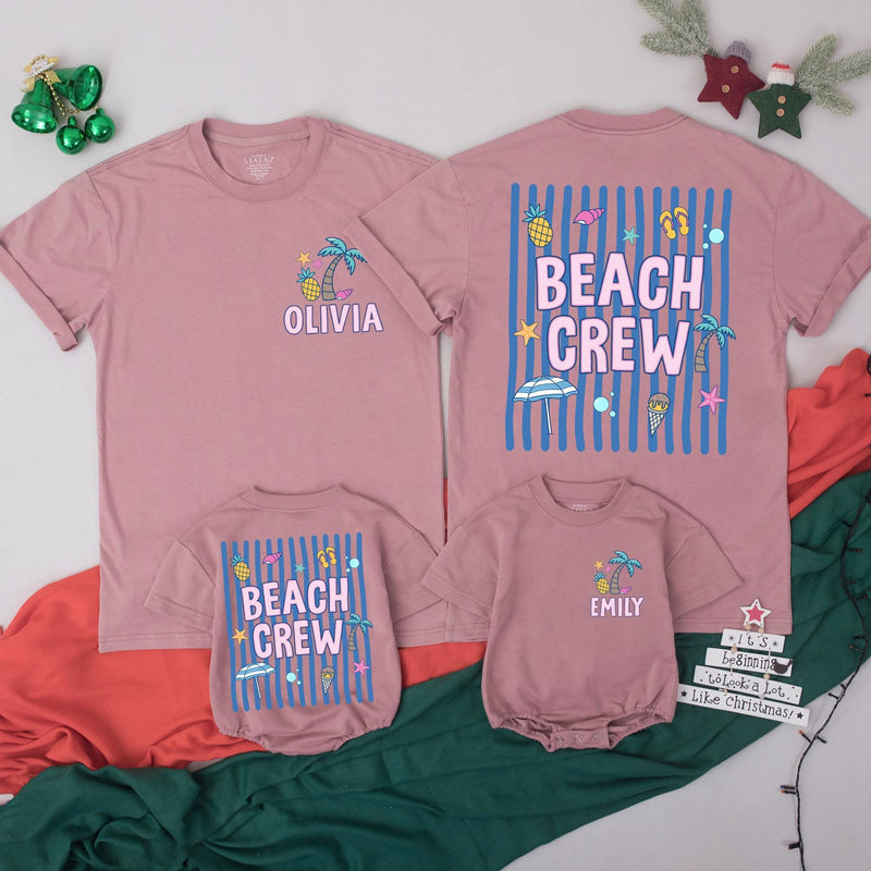 Personalized Beach Crew T-Shirt and Baby Romper with Summer Graphics, Custom Vacation Family Matching Outfits in Tropical Colors