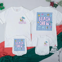 Personalized Beach Crew T-Shirt and Baby Romper with Summer Graphics, Custom Vacation Family Matching Outfits in Tropical Colors