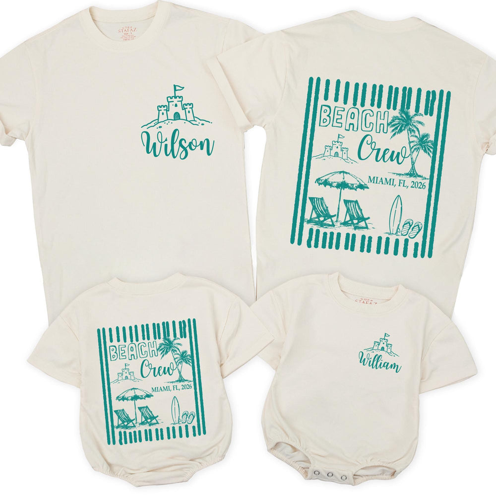 Personalized Beach Crew Shirt with Sandcastle and Miami 2026 Design, Custom Family Vacation Tee, Matching Summer Outfits, Baby Rompers