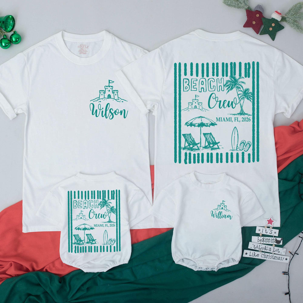 Personalized Beach Crew Shirt with Sandcastle and Miami 2026 Design, Custom Family Vacation Tee, Matching Summer Outfits, Baby Rompers