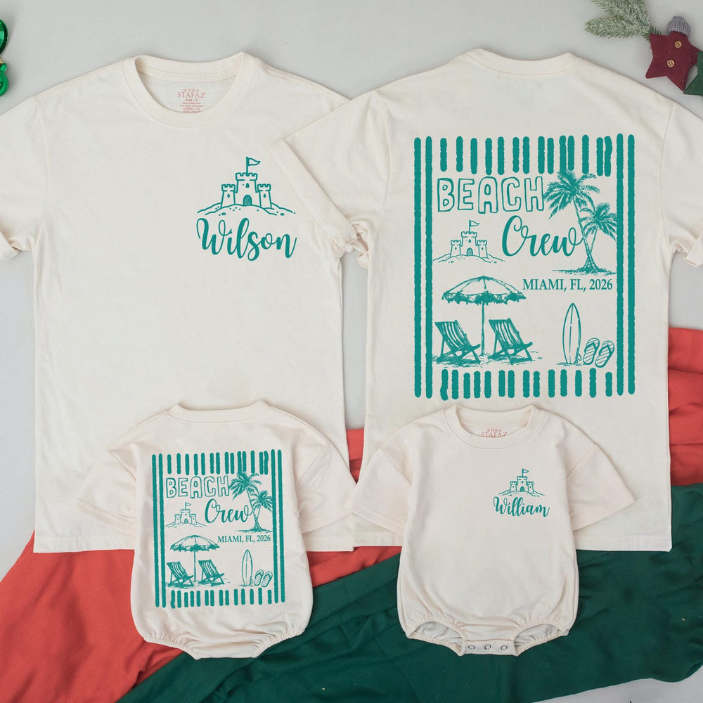 Personalized Beach Crew Shirt with Sandcastle and Miami 2026 Design, Custom Family Vacation Tee, Matching Summer Outfits, Baby Rompers